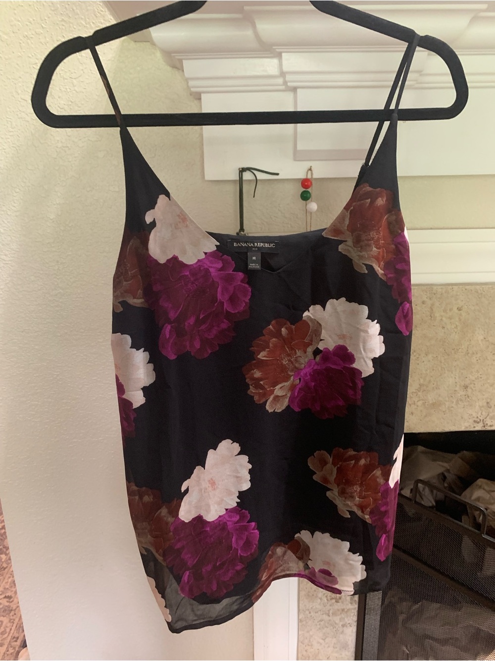 Banana Republic Black Floral Satin Cami with Purple & Pink Blooms